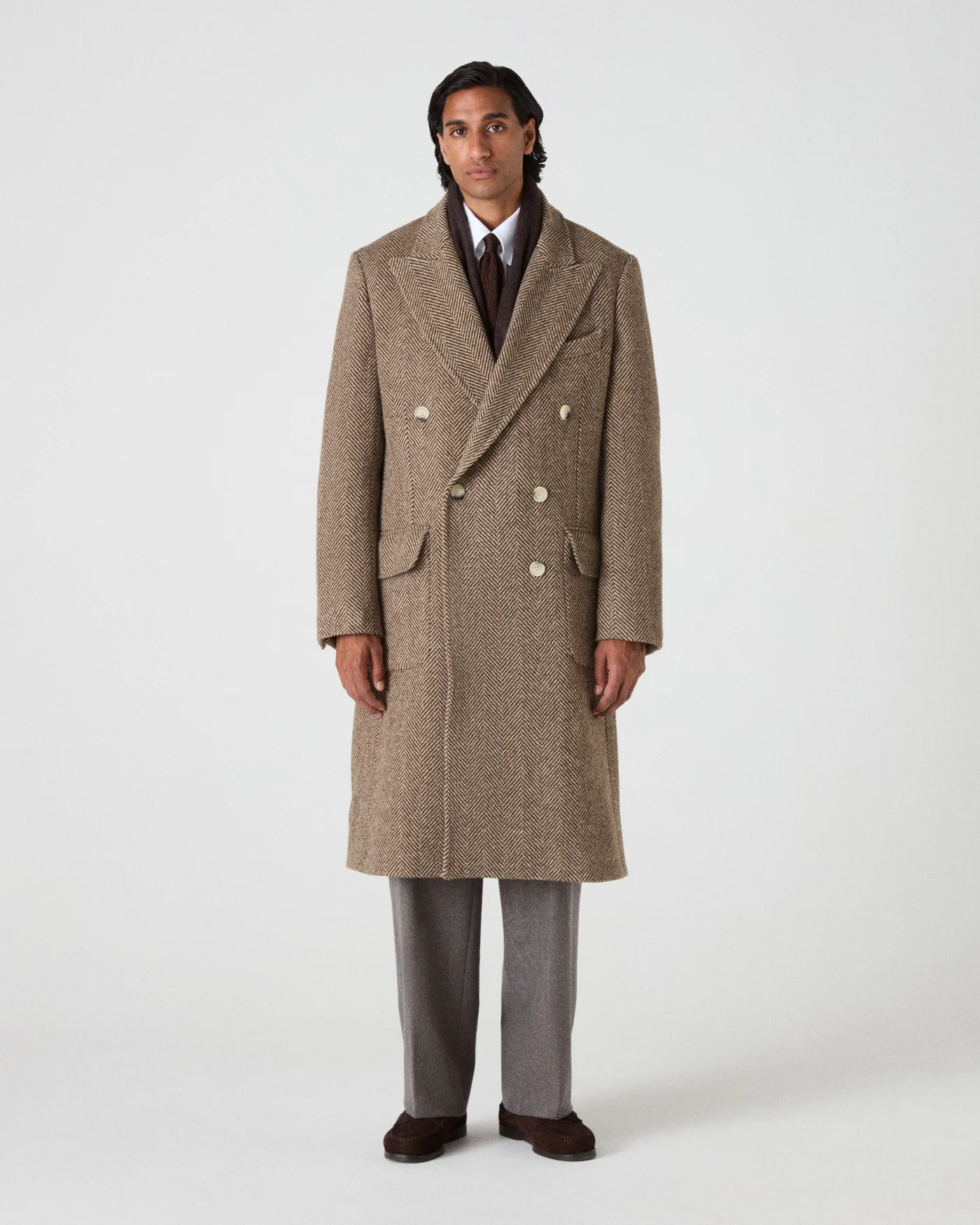Neo Double Breasted Tweed Coat - Espresso/Tan