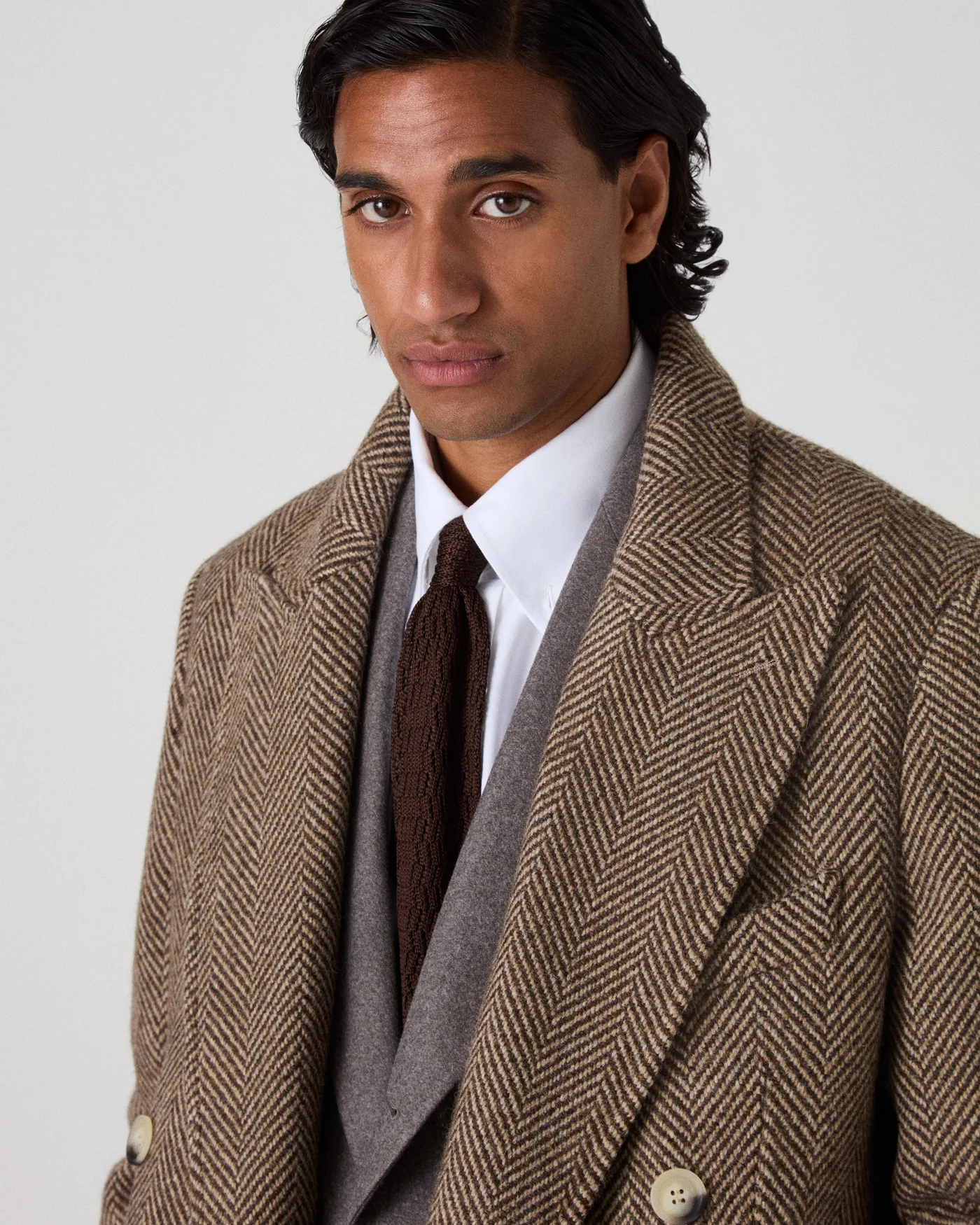 Neo Double Breasted Tweed Coat - Espresso/Tan — view 2