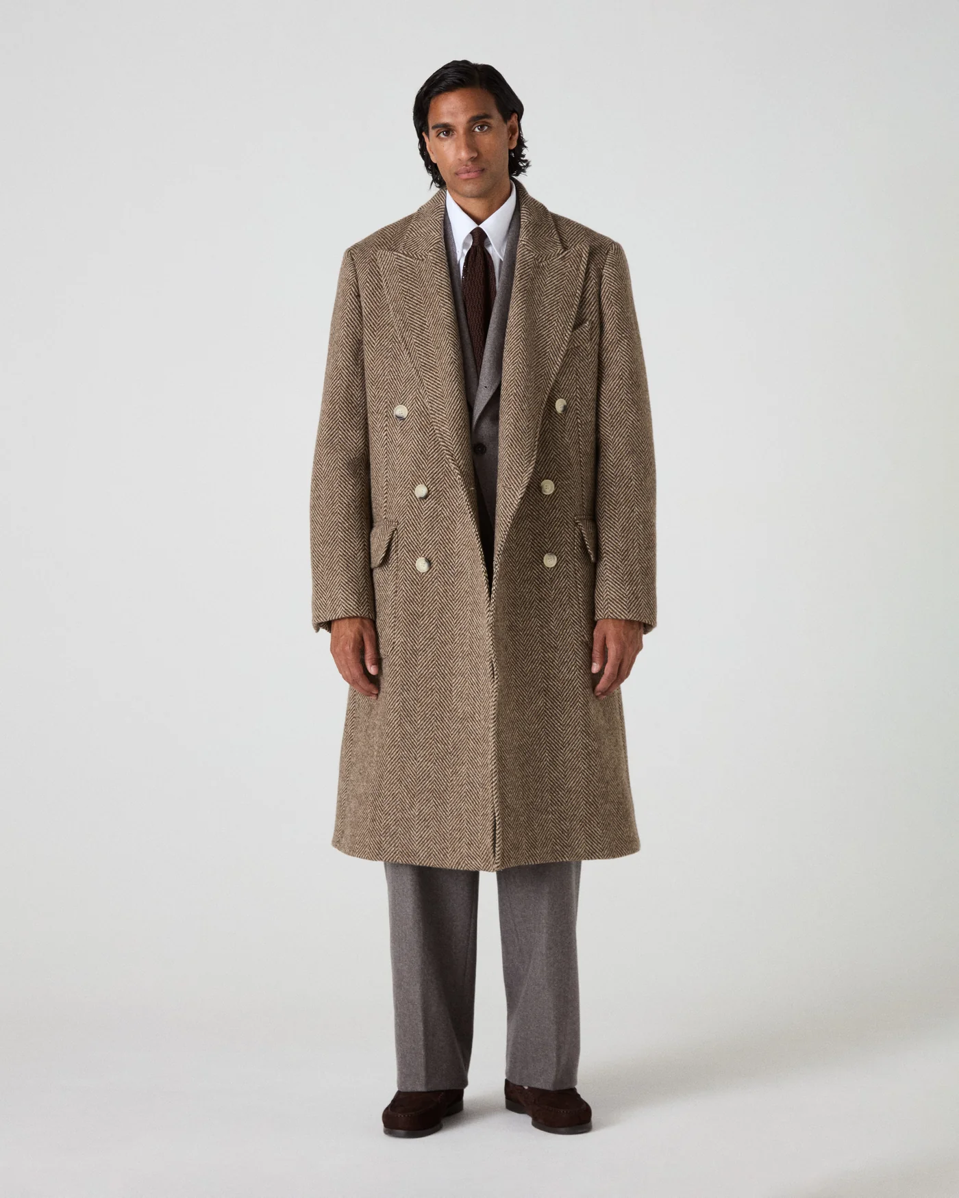 Neo Double Breasted Tweed Coat - Espresso/Tan — view 3