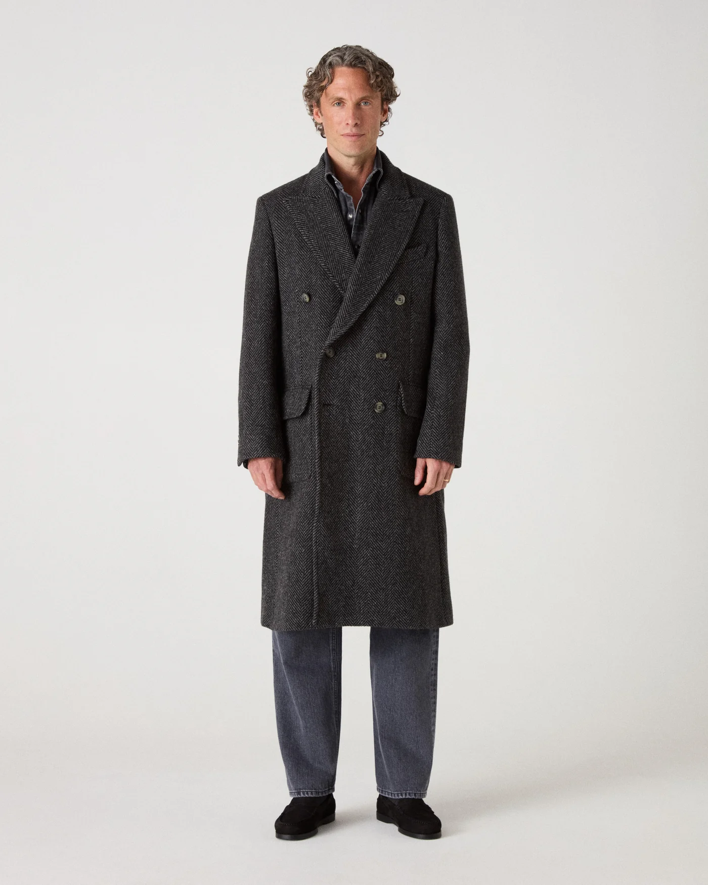 Neo Double Breasted Tweed Coat - Charcoal/Black Herringbone