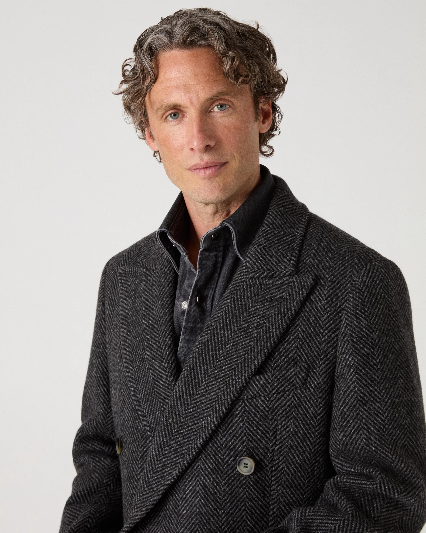 Neo Double Breasted Tweed Coat - Charcoal/Black Herringbone — view 2