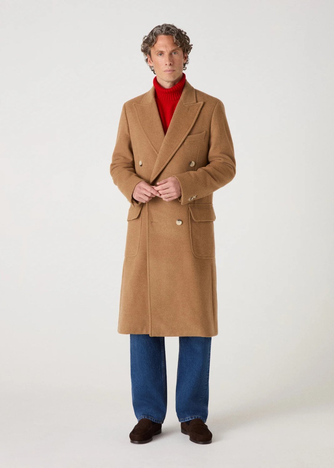 Double-breasted camel coat, worn